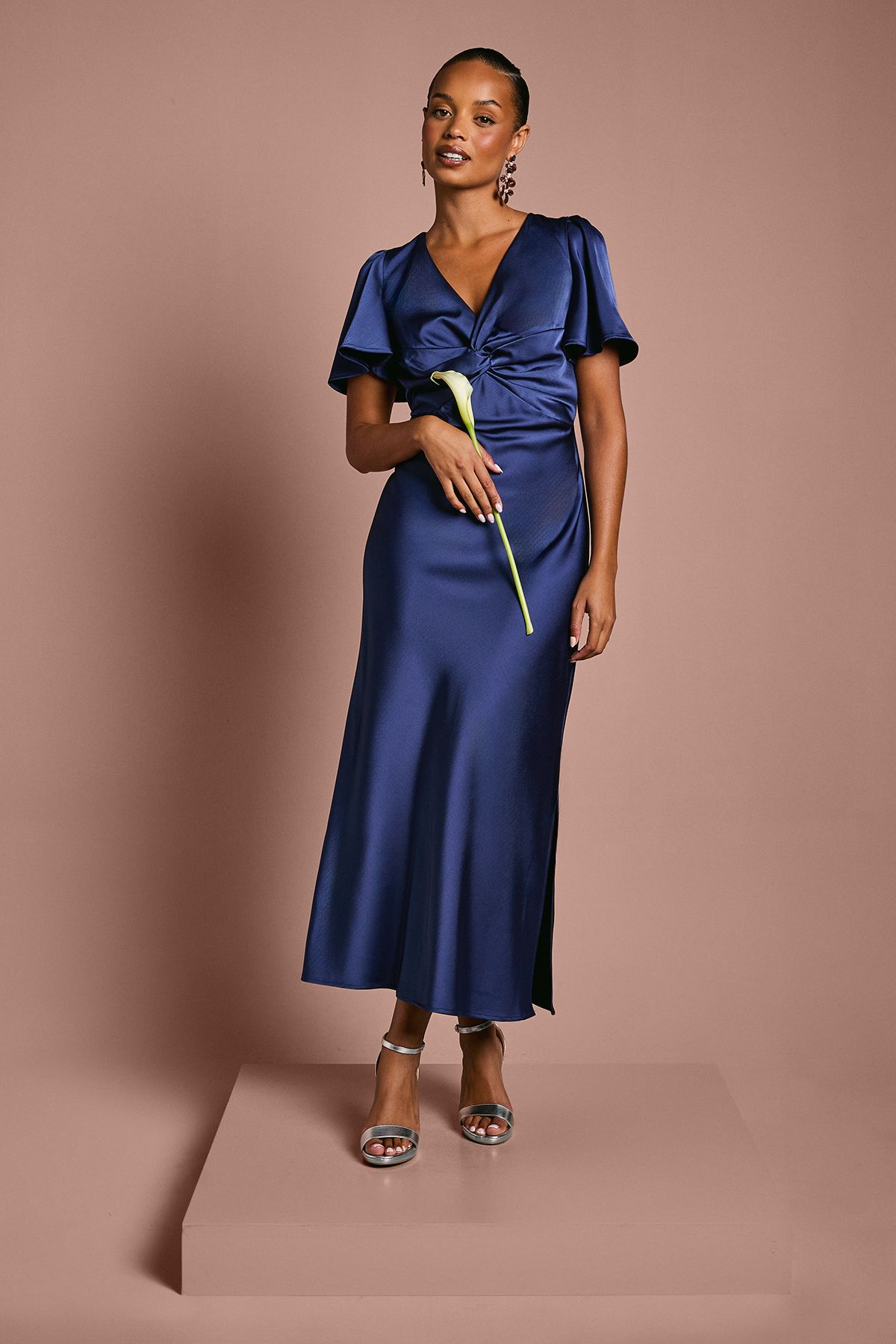 Oasis Petite Satin Twist Angel Sleeve Midi Bridesmaid Dress Navy