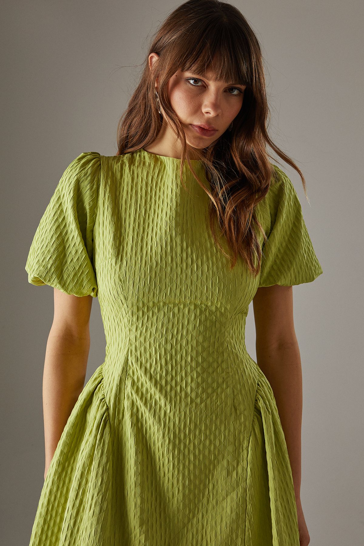 Warehouse Seersucker Organza Godet Side Puff Sleeve Midi Dress Chartreuse image 2