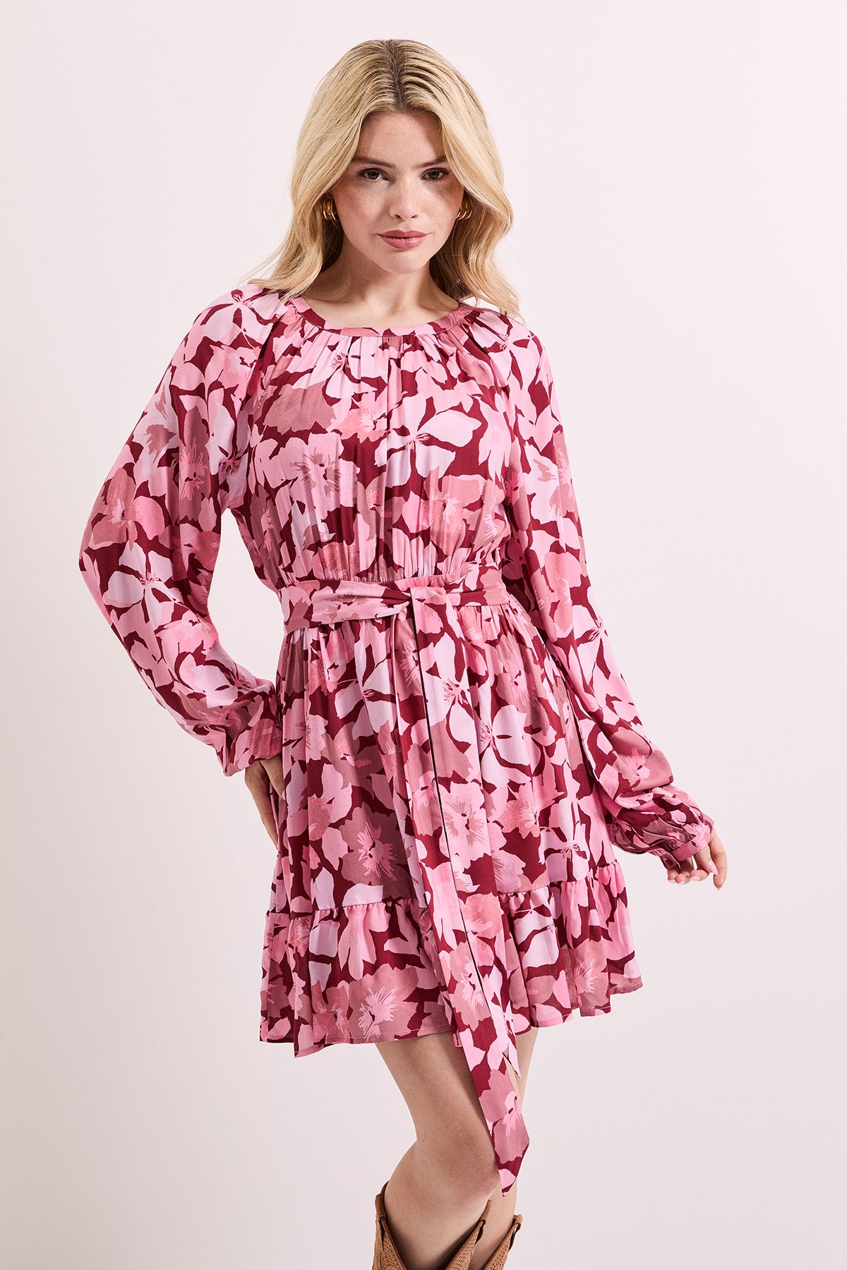 Dorothy Perkins Pink Floral Printed Blouson Sleeve Mini Dress Pink image 2