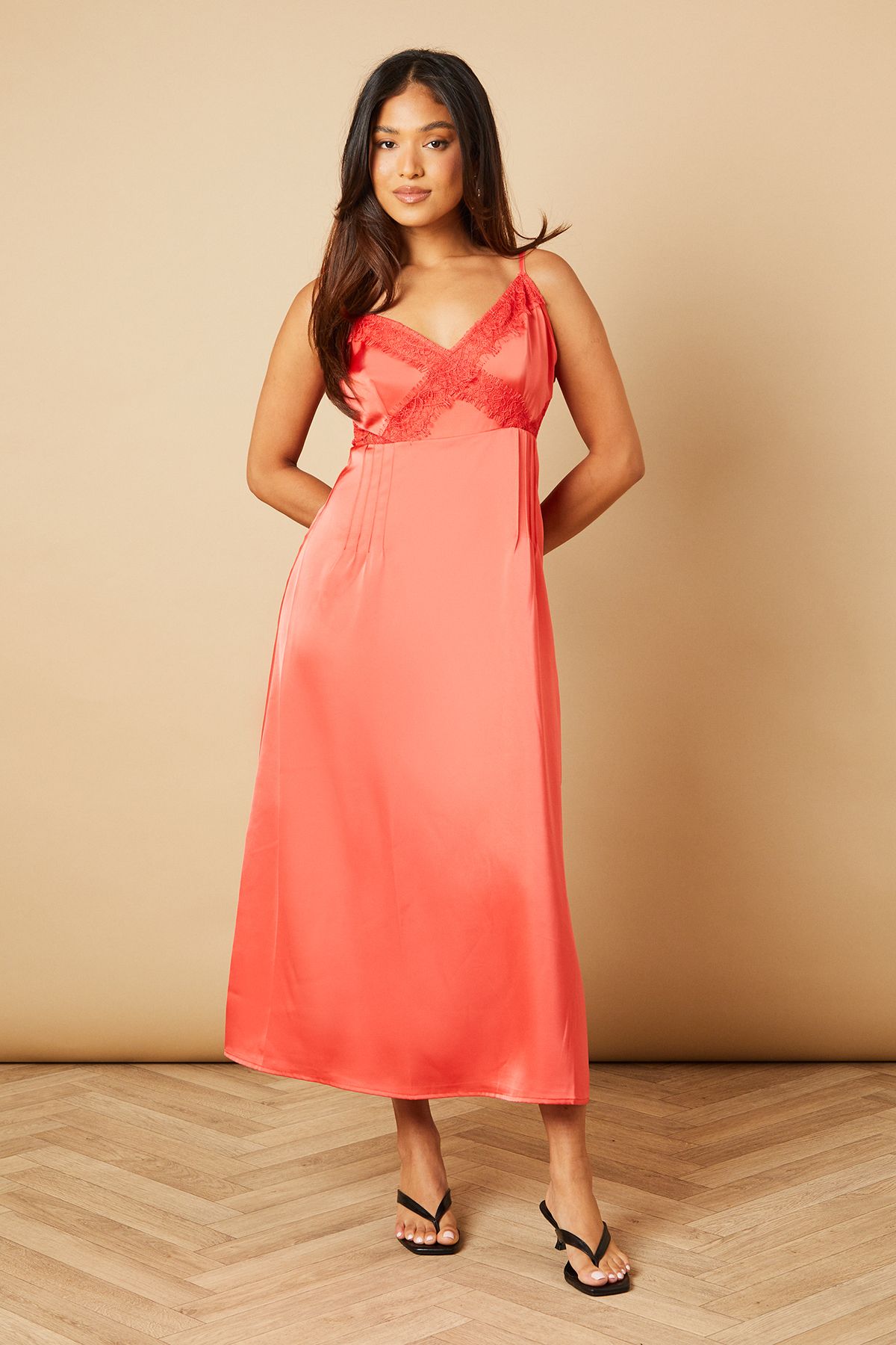 Oasis Petite Strappy Satin Lace Insert Midi Dress Hot Pink
