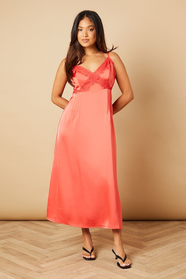 Oasis Petite Strappy Satin Lace Insert Midi Dress Hot Pink