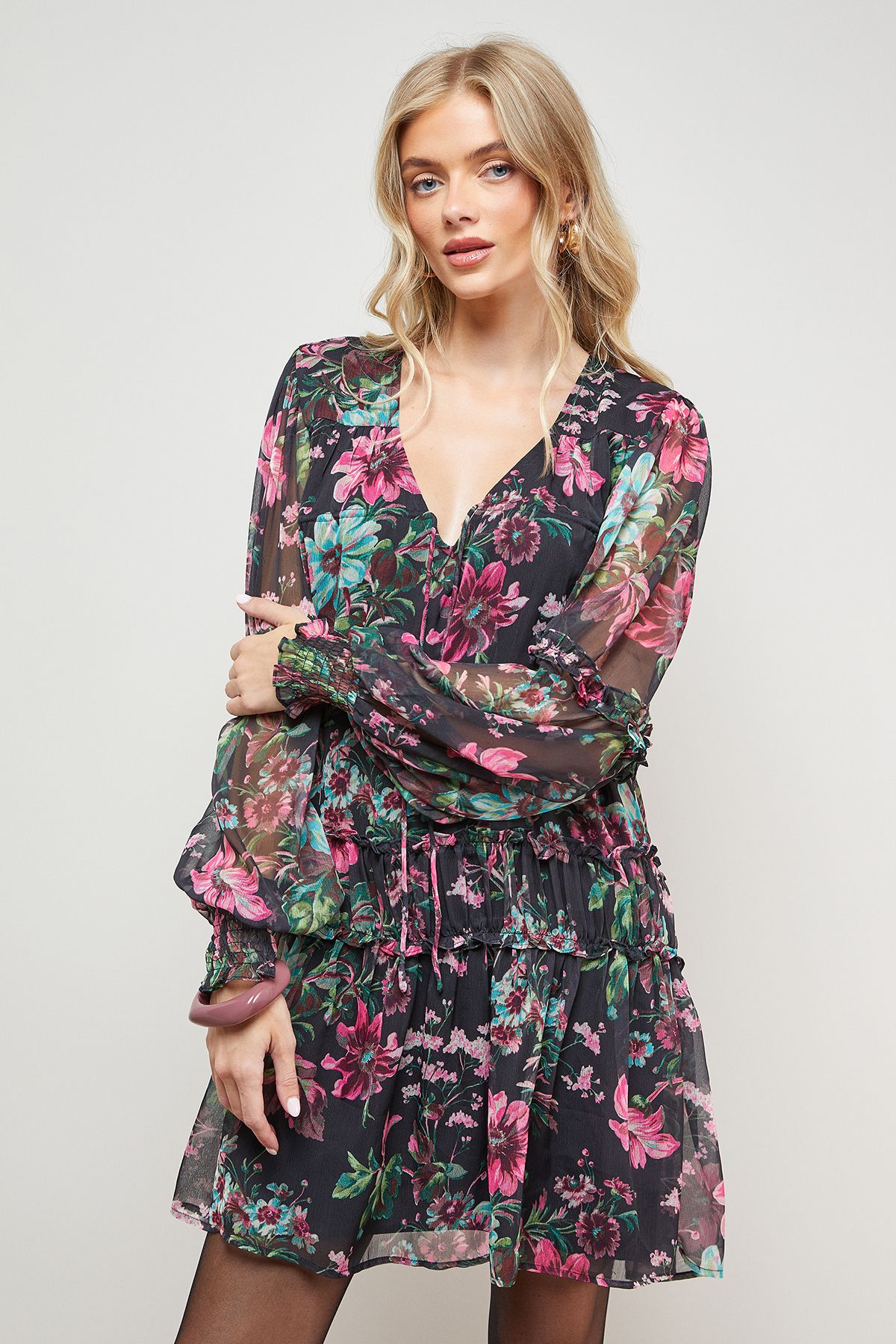 Oasis Printed Chiffon Shirred Front Tie Neck Mini Dress Black image 2