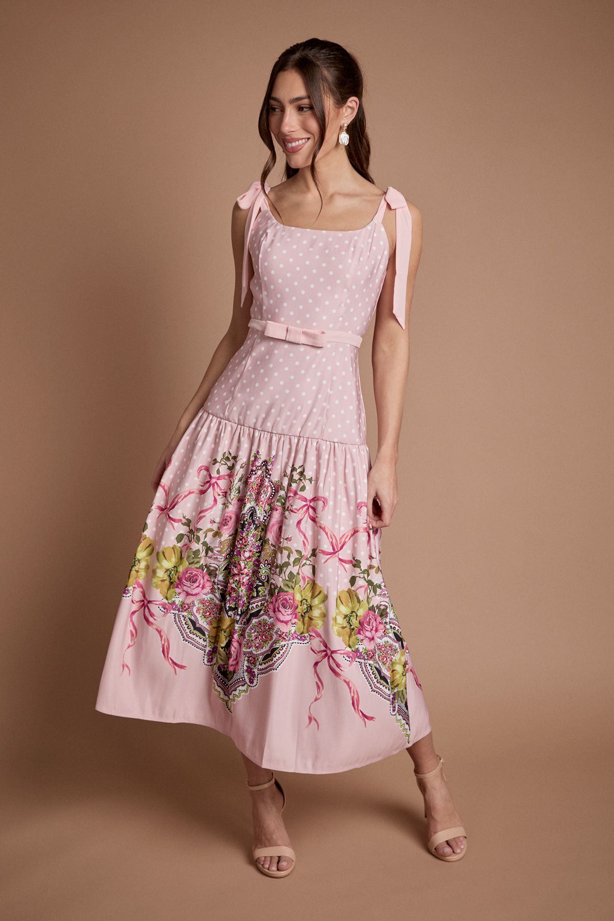 Oasis Bow Detail Dropped Waist Midi Dress Pink