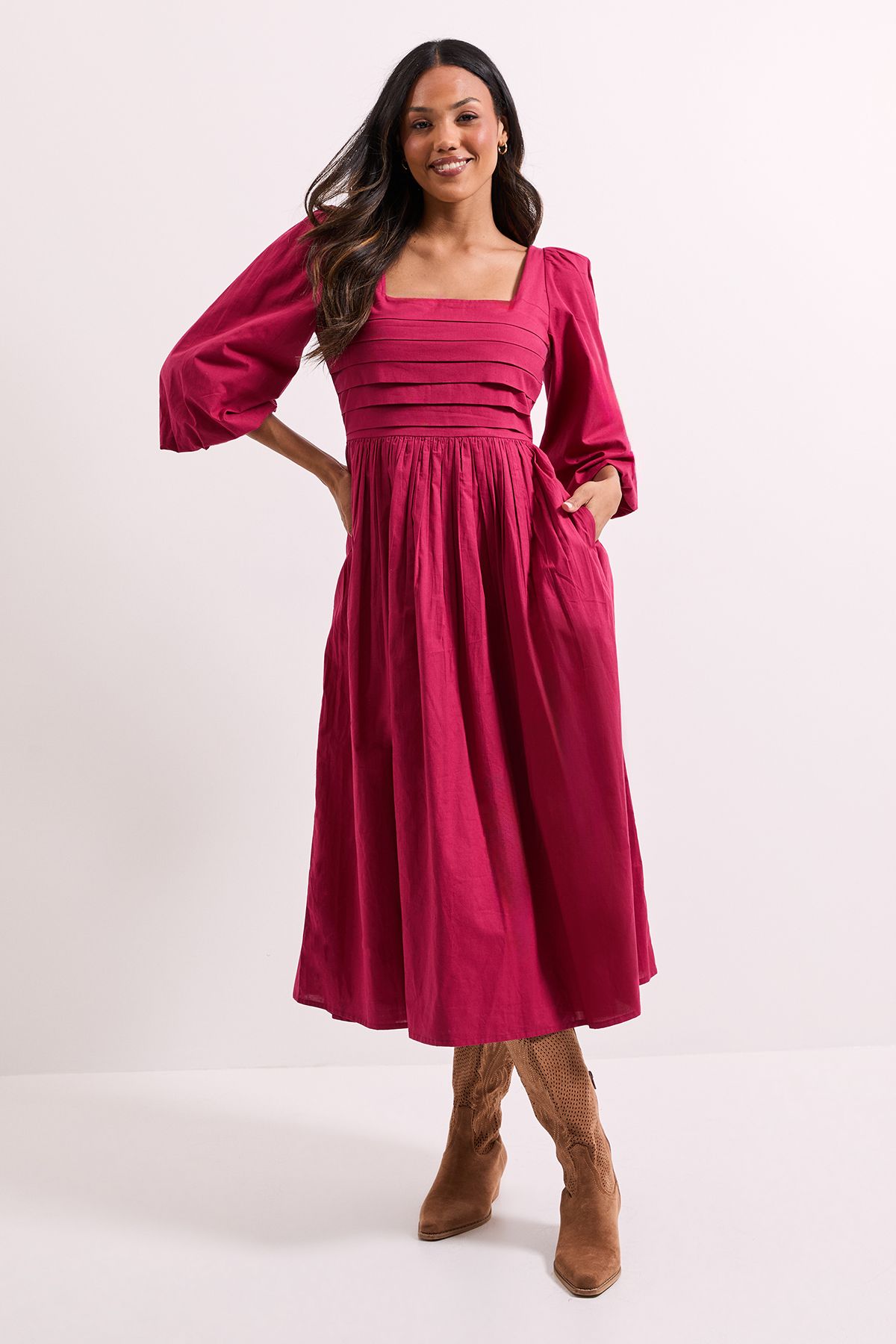 Dorothy Perkins Pleat Bodice Puff Sleeve Midi Dress Rose