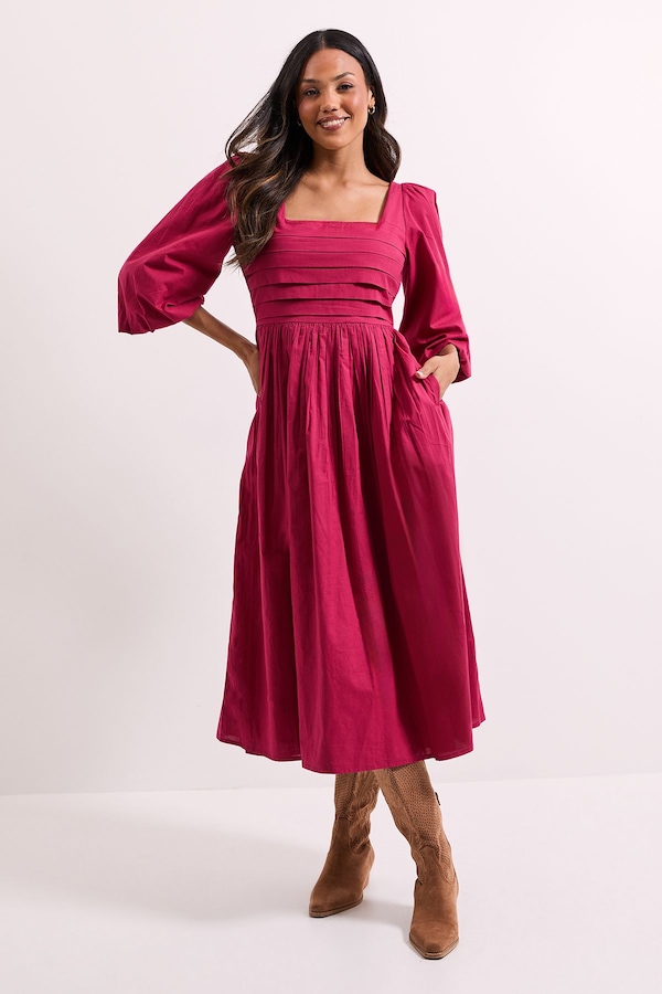 Dorothy Perkins Pleat Bodice Puff Sleeve Midi Dress Rose