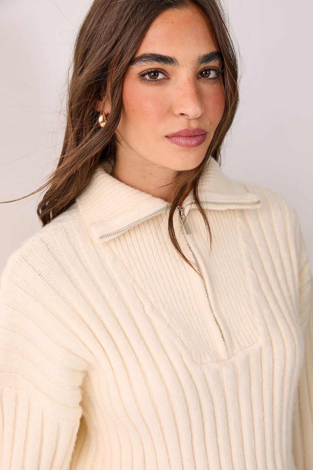 NastyGal Ribbed Knitted Quarter Zip Jumper Cream image 4
