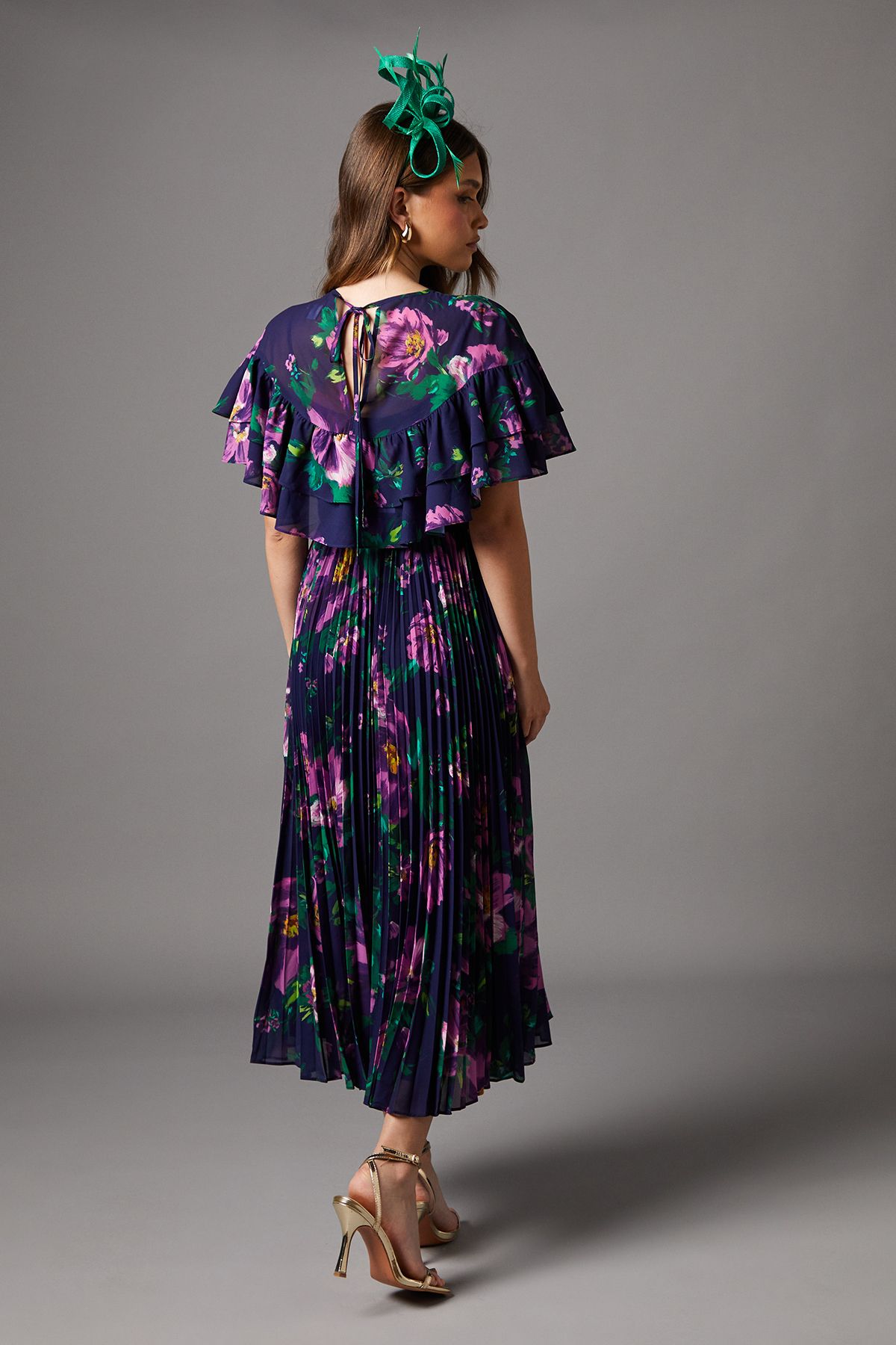 Coast Cape Sleeve Chiffon Midi Dress With Pleated Skirt Navy image 3