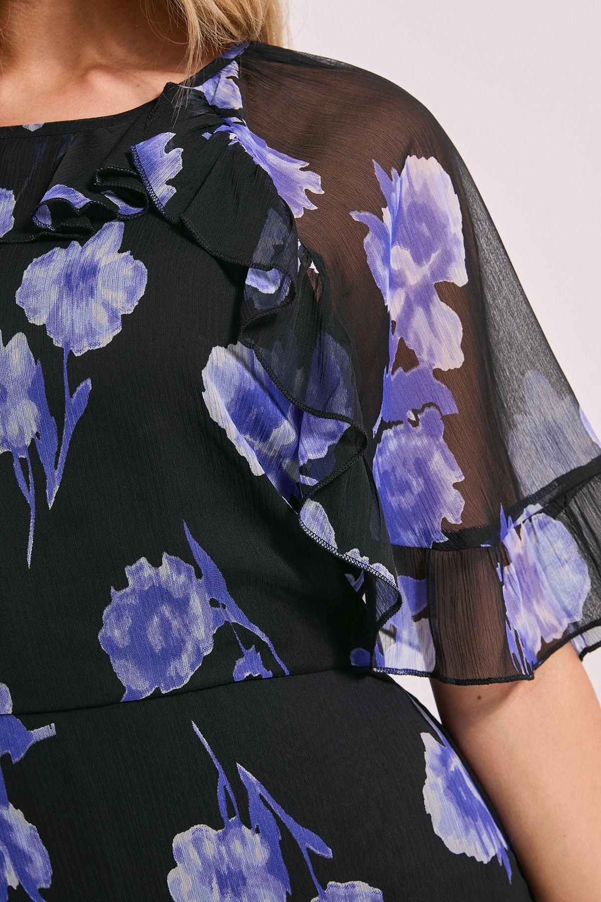 Dorothy Perkins Blue Floral Frill Cape Sleeve Tiered Printed Chiffon Midi Dress Blue image 5