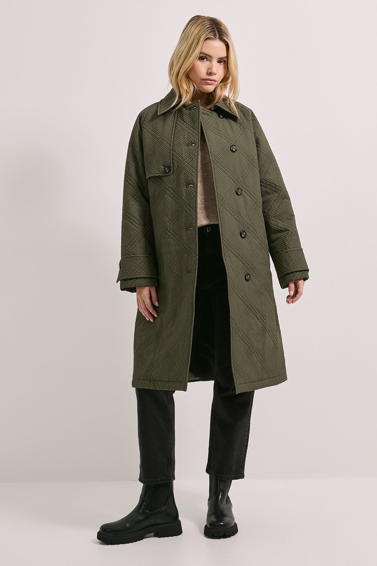 Dorothy Perkins Collar Detail Quilted Midi Coat Khaki image 4