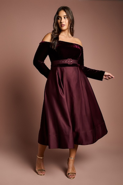 Coast Plus Size Long Sleeve Bardot Full Skirted Midi Dress Wine