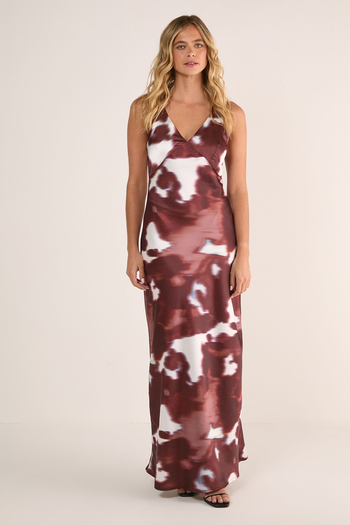 NastyGal Cow Satin Plunge Strappy Maxi Slip Dress Chocolate image 2