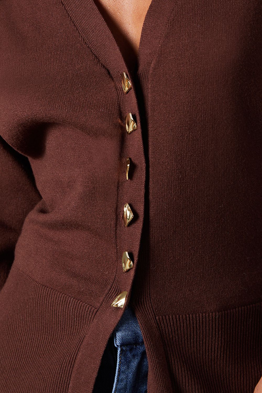 Warehouse Fit And Flare Plunge V Neck Cardigan Chocolate image 5