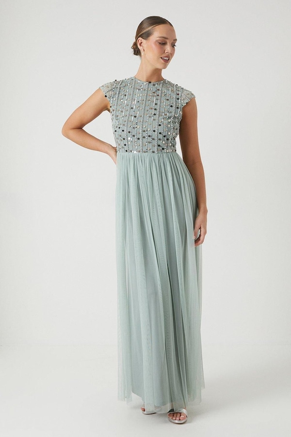 Coast Short Sleeve Embellished Mesh Bridesmaid Dress Sage