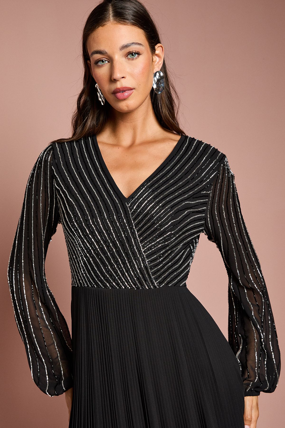 Coast Embellished Wrap Bodice Midi Dress With Pleated Skirt Black image 4