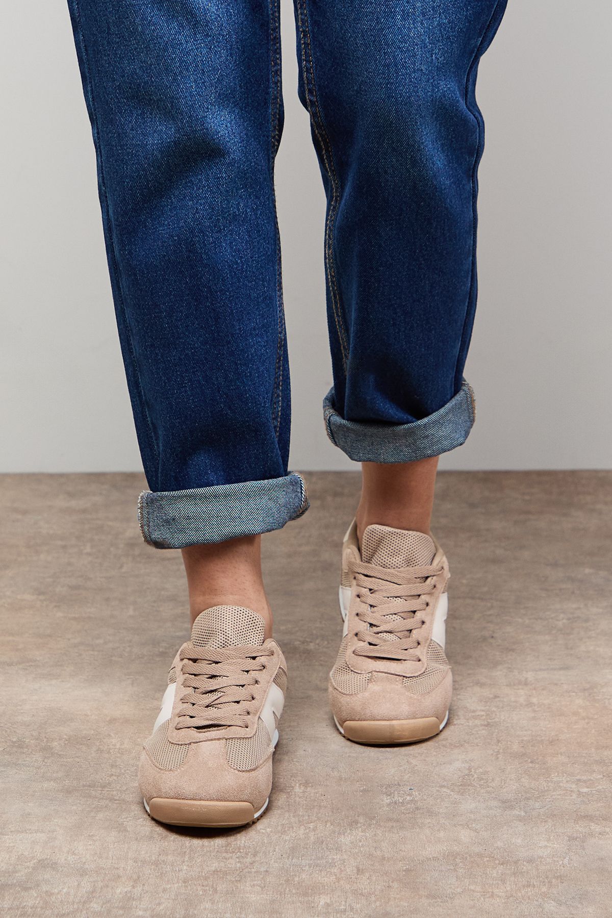 Oasis Jemima Faux Suede Mesh Lace Up Trainers Beige image 2