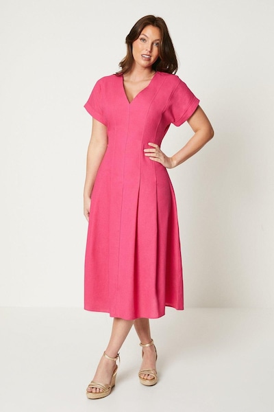 Principles Linen Blend Pleat Detail Midi Dress Pink