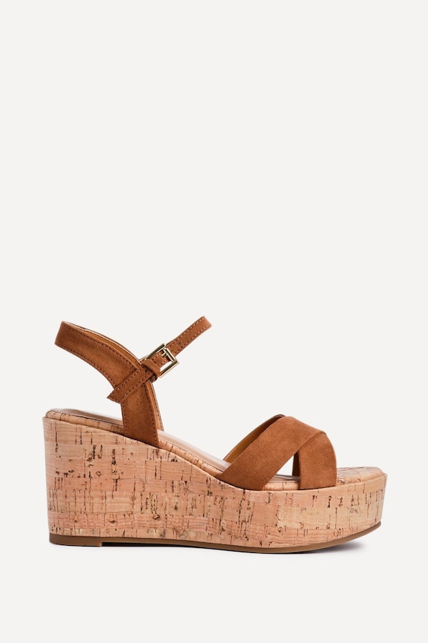 Linzi Vivid Tan Faux Suede Crossover Cork Wedge
