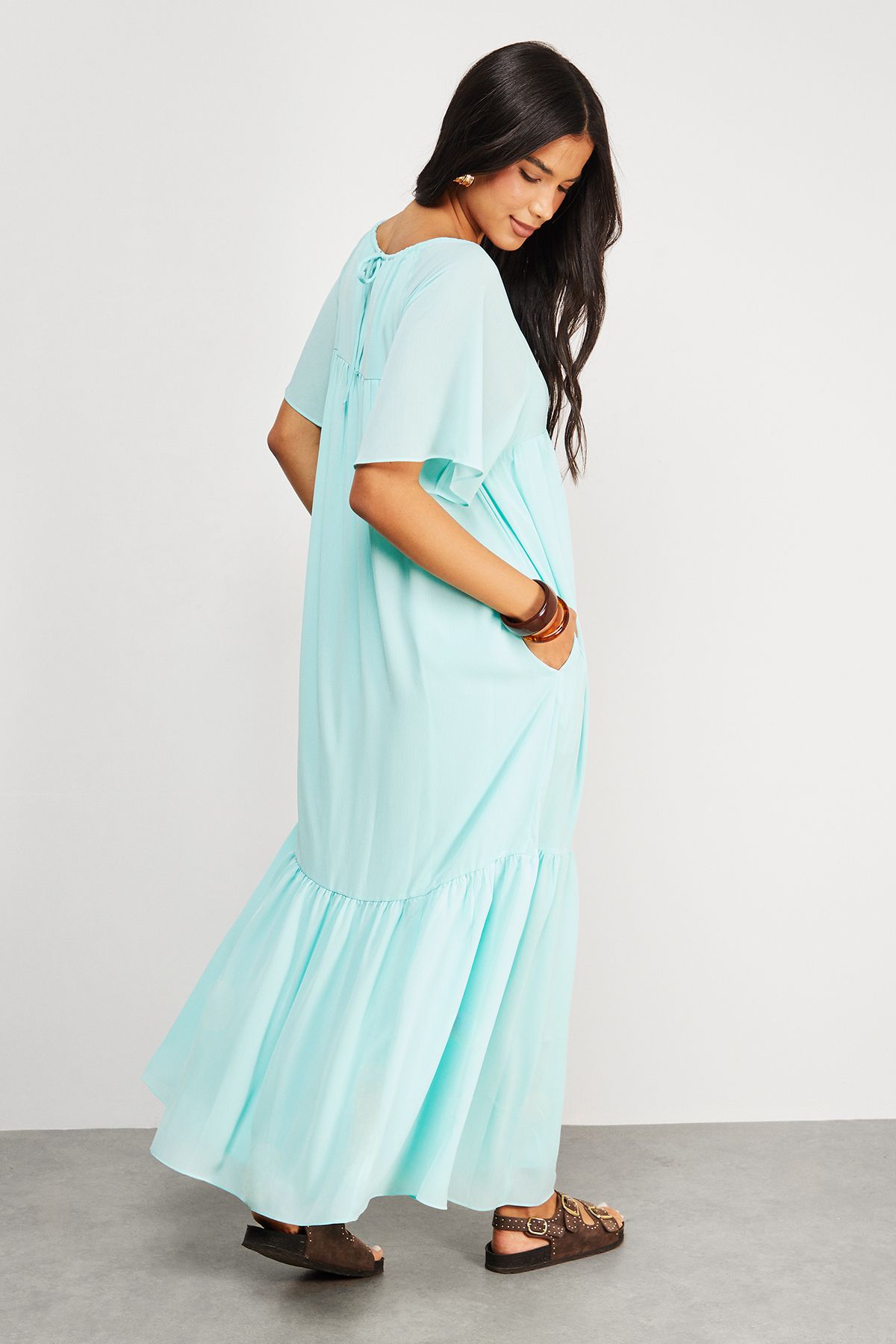 Warehouse Chiffon Tier Smock Midi Dress Blue image 3