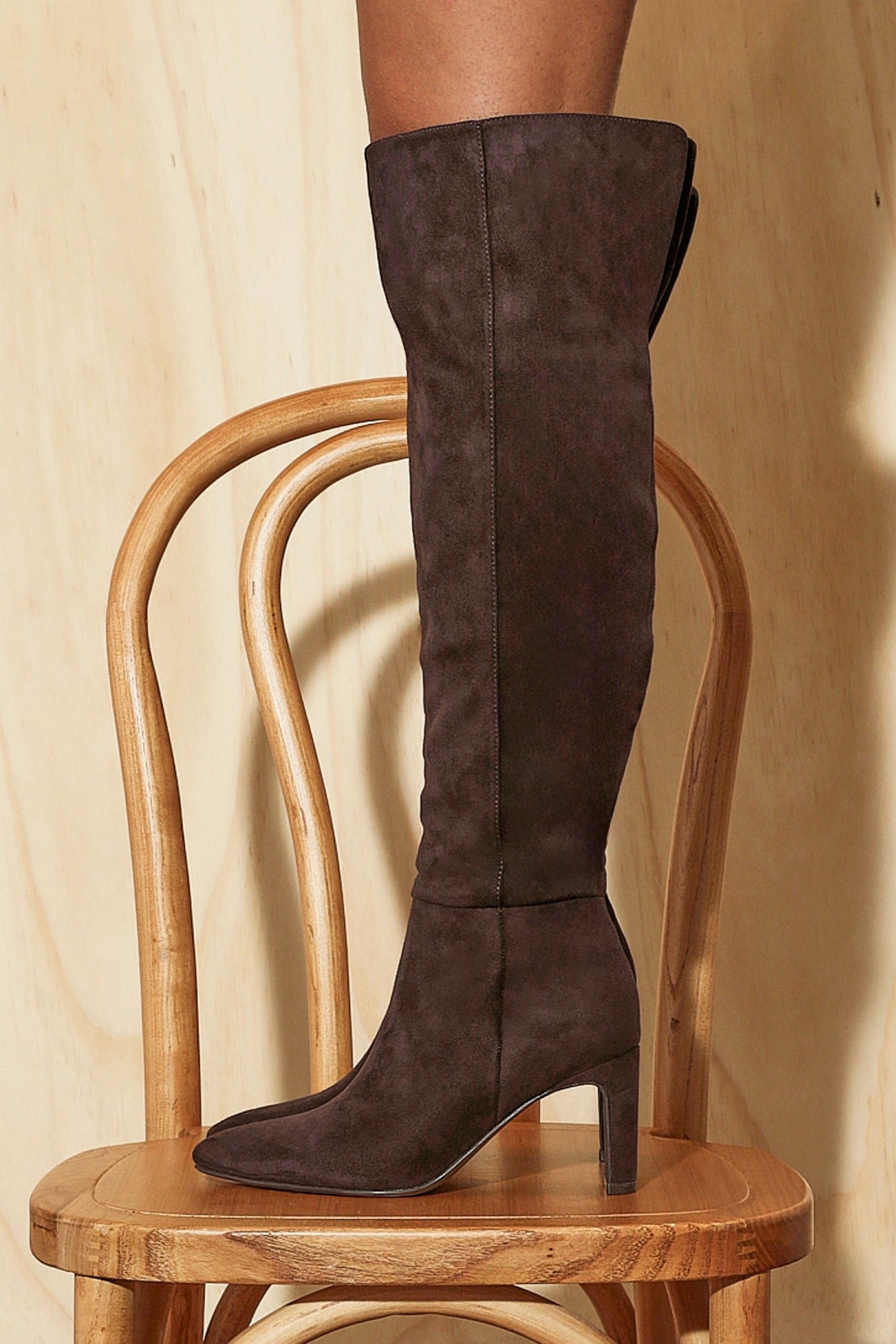 Linzi Demand Brown Faux Suede Over The Knee Block Heeled Boot image 2