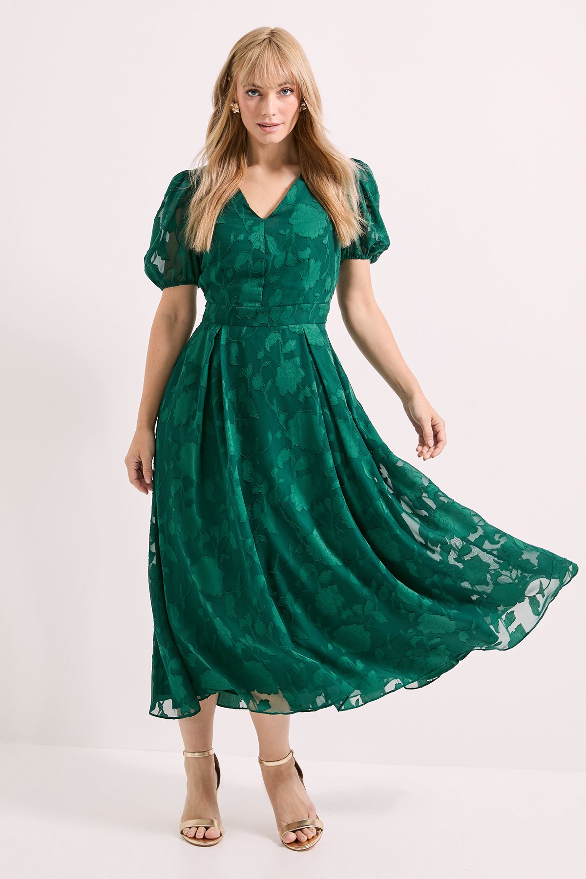 Principles Floral Jacquard Puff Sleeve Midi Dress Forest image 1