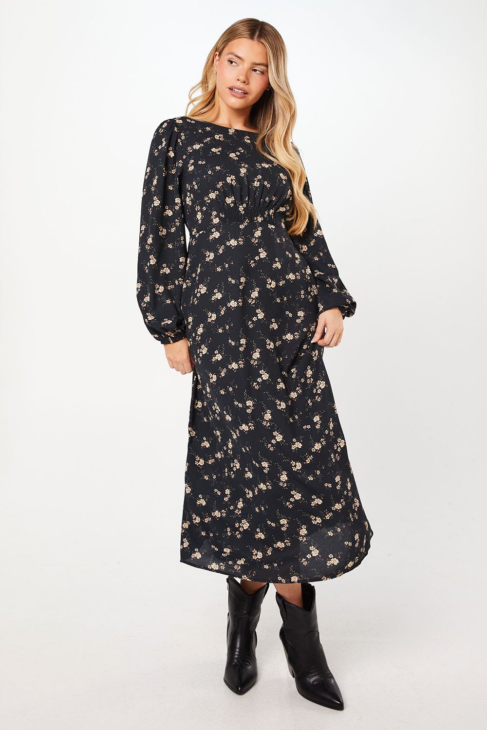 Dorothy Perkins Ditsy Floral Shirred Waist Long Sleeve Midi Dress Floral