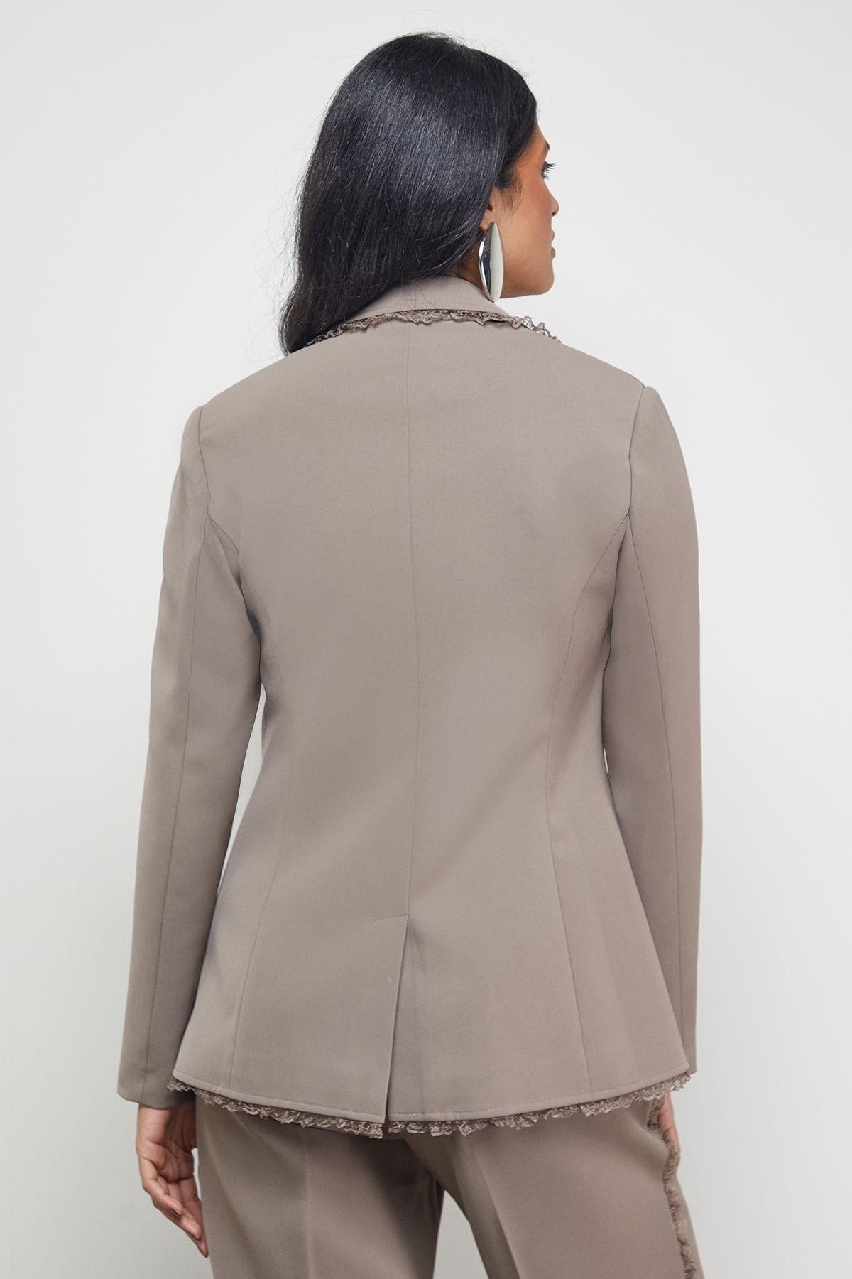 Warehouse Oversized Lace Frill Trim Single Breasted Blazer Mocha image 3