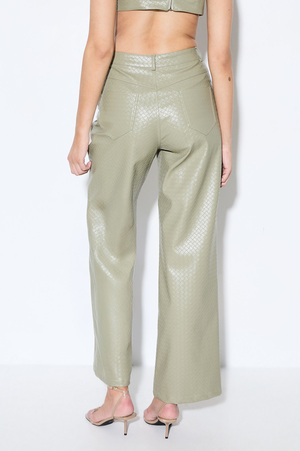 MissPap Woven Detail Faux Leather Trouser Olive image 3