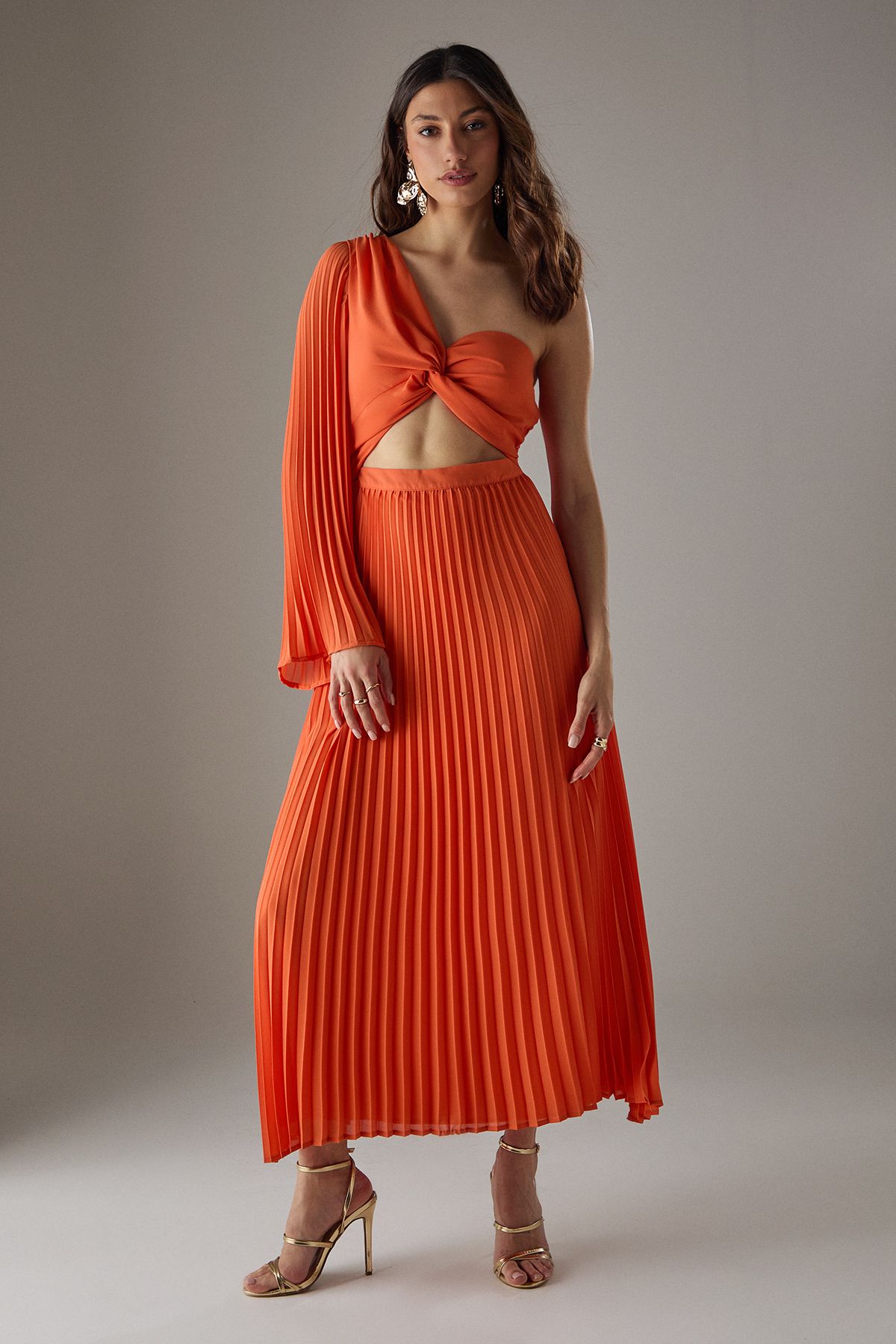 Warehouse Chiffon Pleated One Shoulder Cut Out Midi Dress Orange image 1