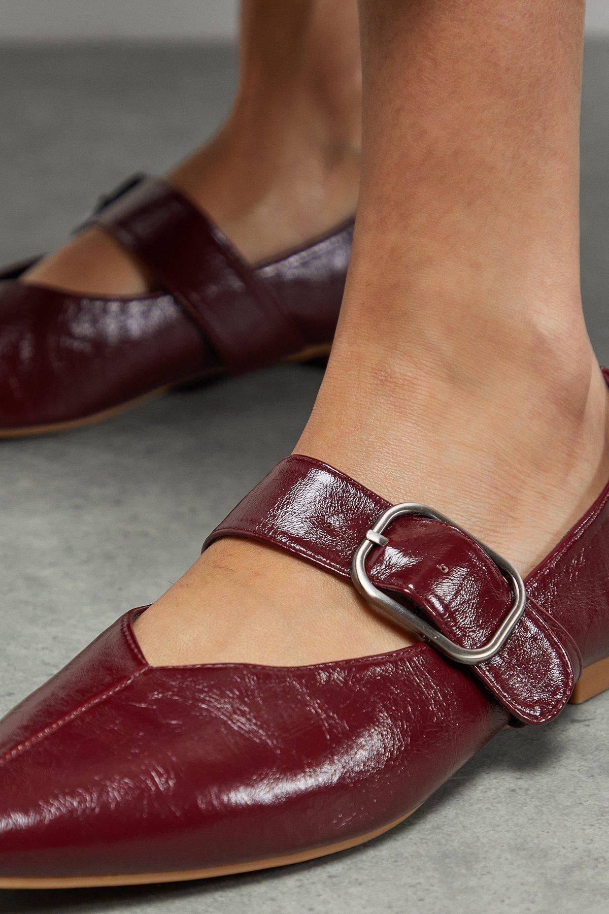 MissPap Faith: Brianna Faux Leather Buckle Detail Mary Jane Pointed Ballerinas Burgundy image 3