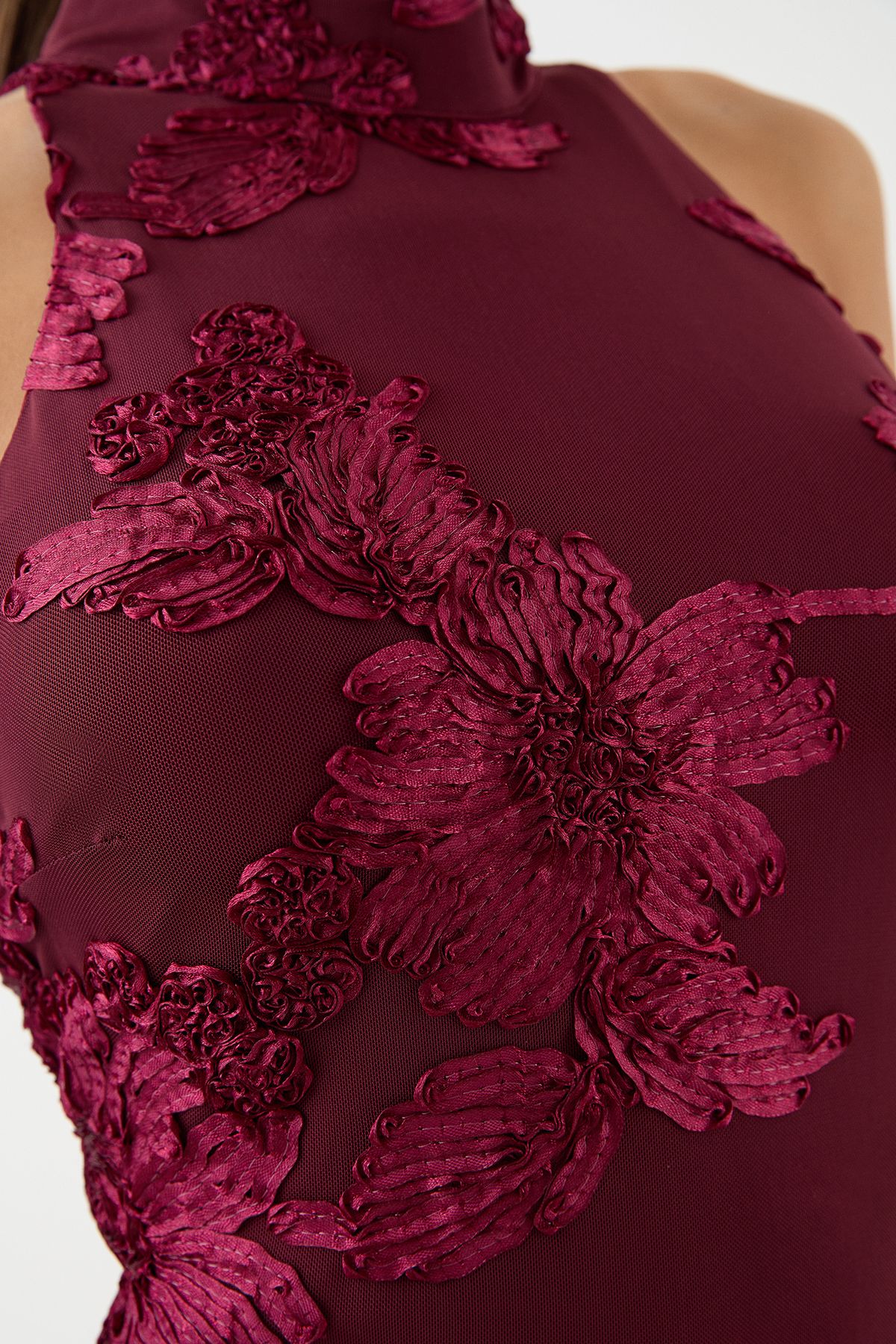 MissPap Textured Floral High Neck Mini Dress Wine image 4