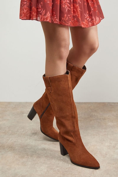 Oasis Kresta Suede High Block Heel Knee Boots Tan