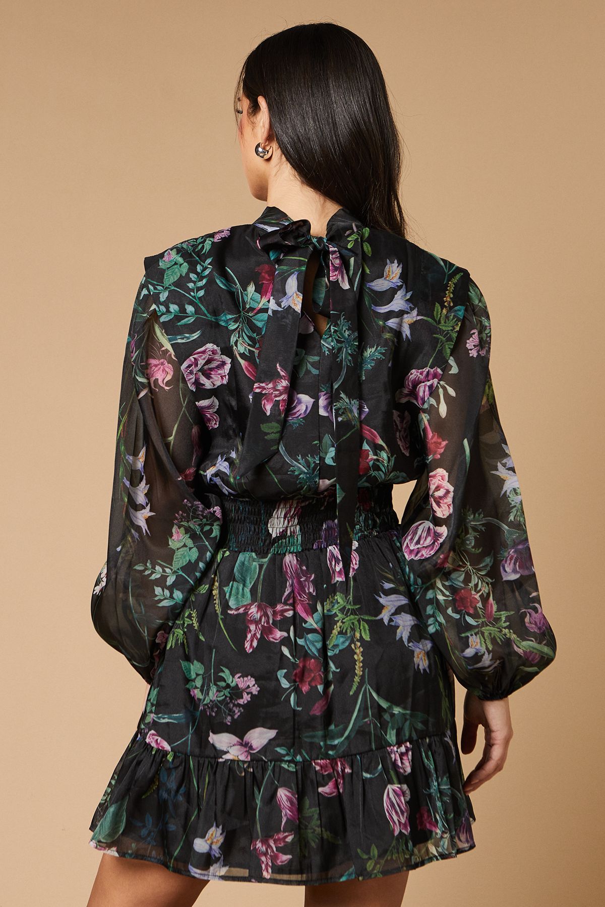 Oasis Border Print Organza Shirred Waist Tie Back Mini Dress Black image 3