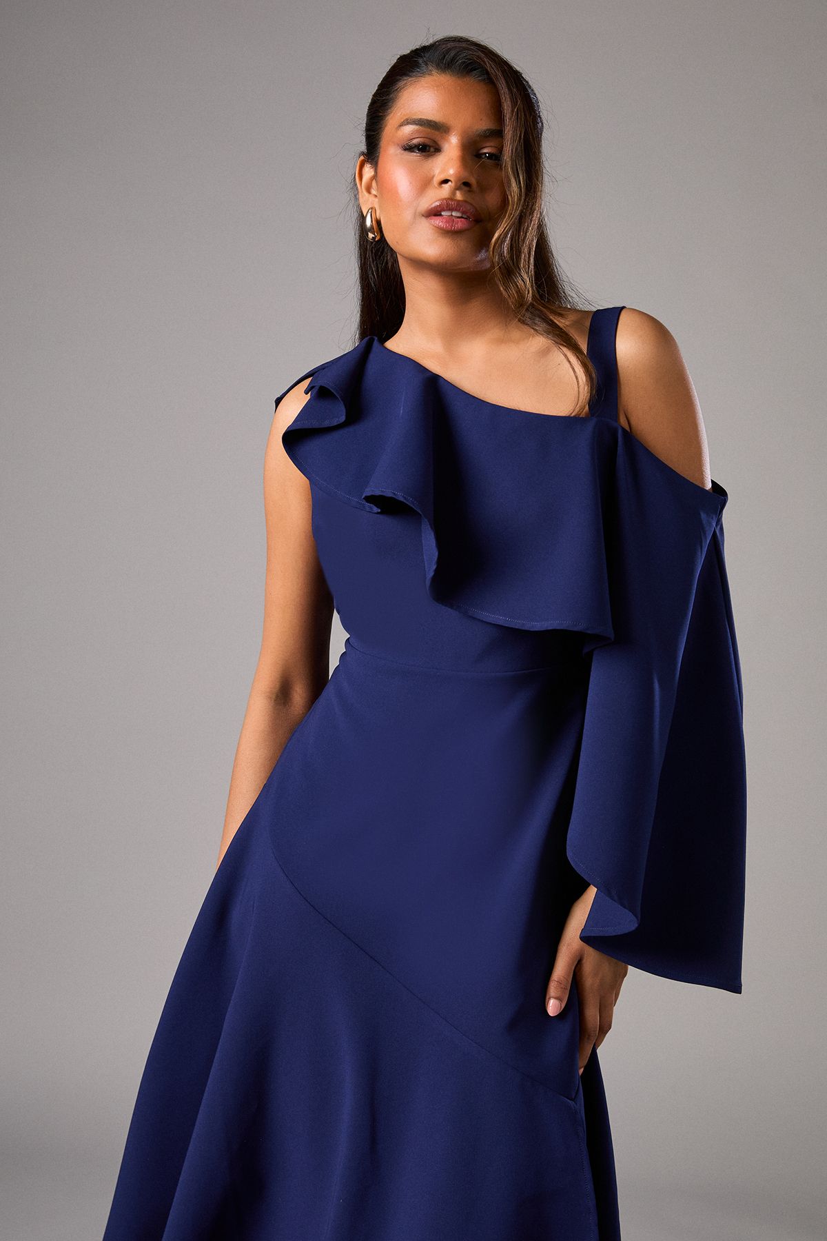 Coast Petite One Shoulder Ruffle Crepe Midi Wedding Guest Dress Navy image 2