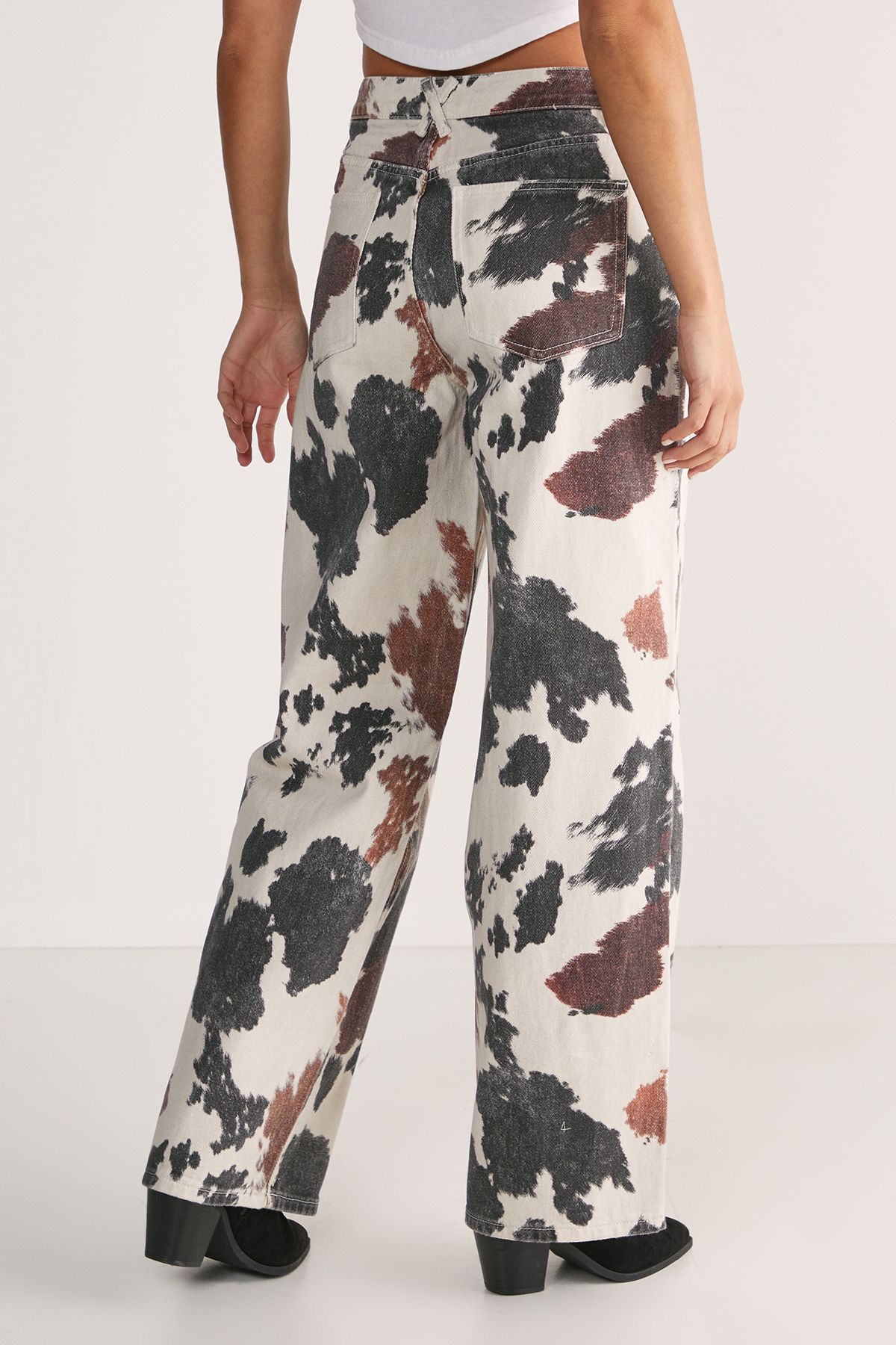 NastyGal Cow Print Straight Leg Denim Jeans Off White image 4