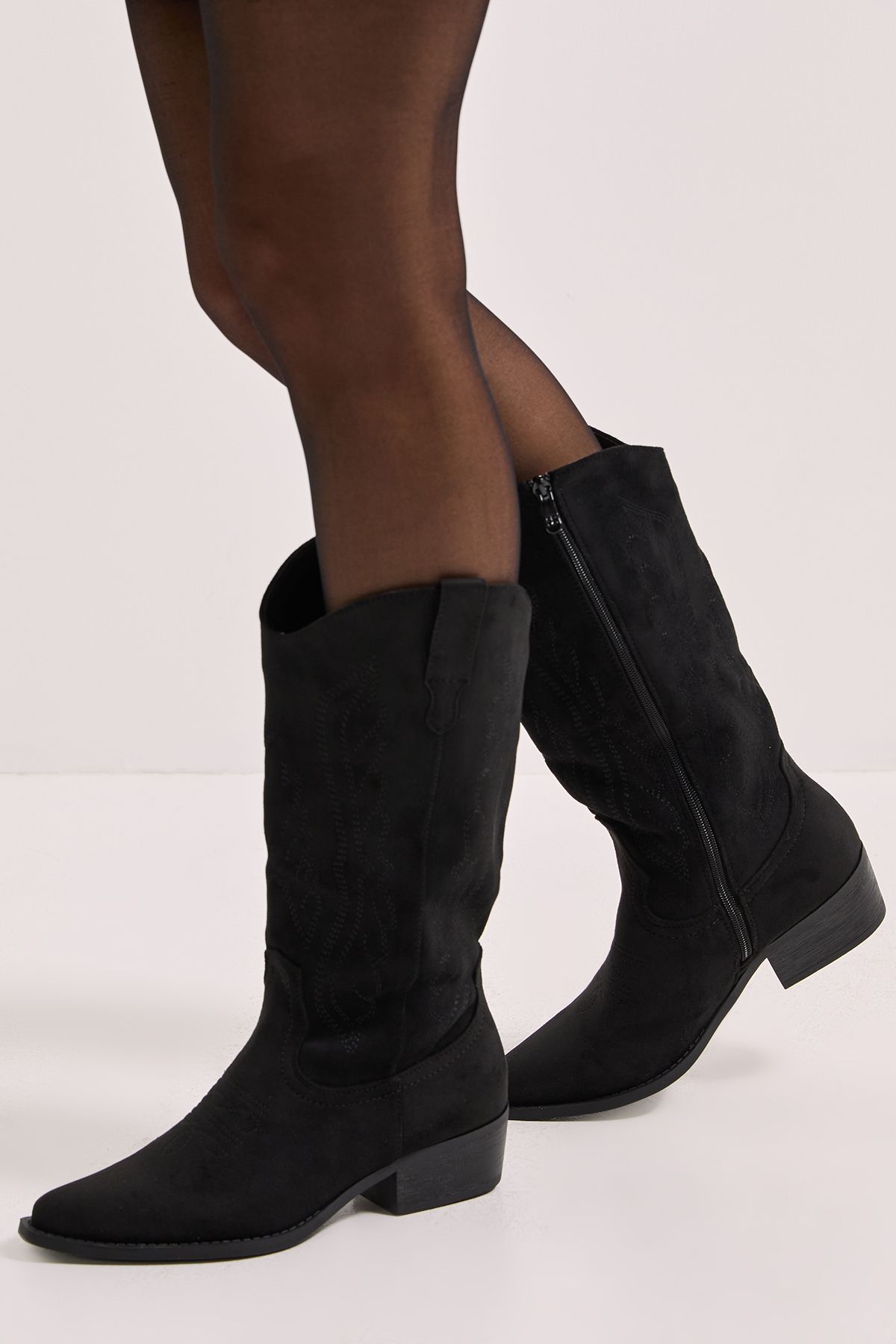 Dorothy Perkins Nelly Faux Suede Western Calf Boots Natural Black image 2