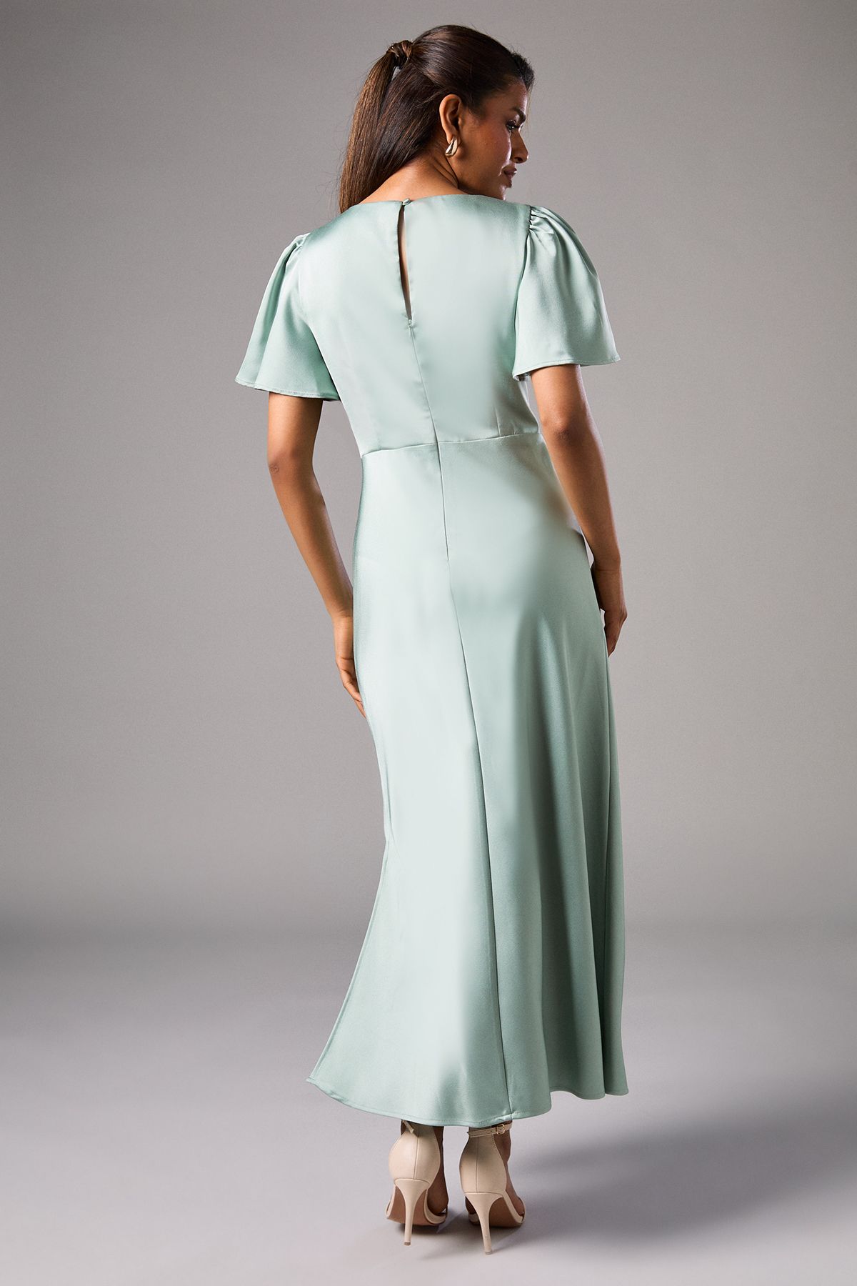 Oasis Oasis by Coast Petite Satin Twist Angel Sleeve Midi Bridesmaid Dress Sage image 3