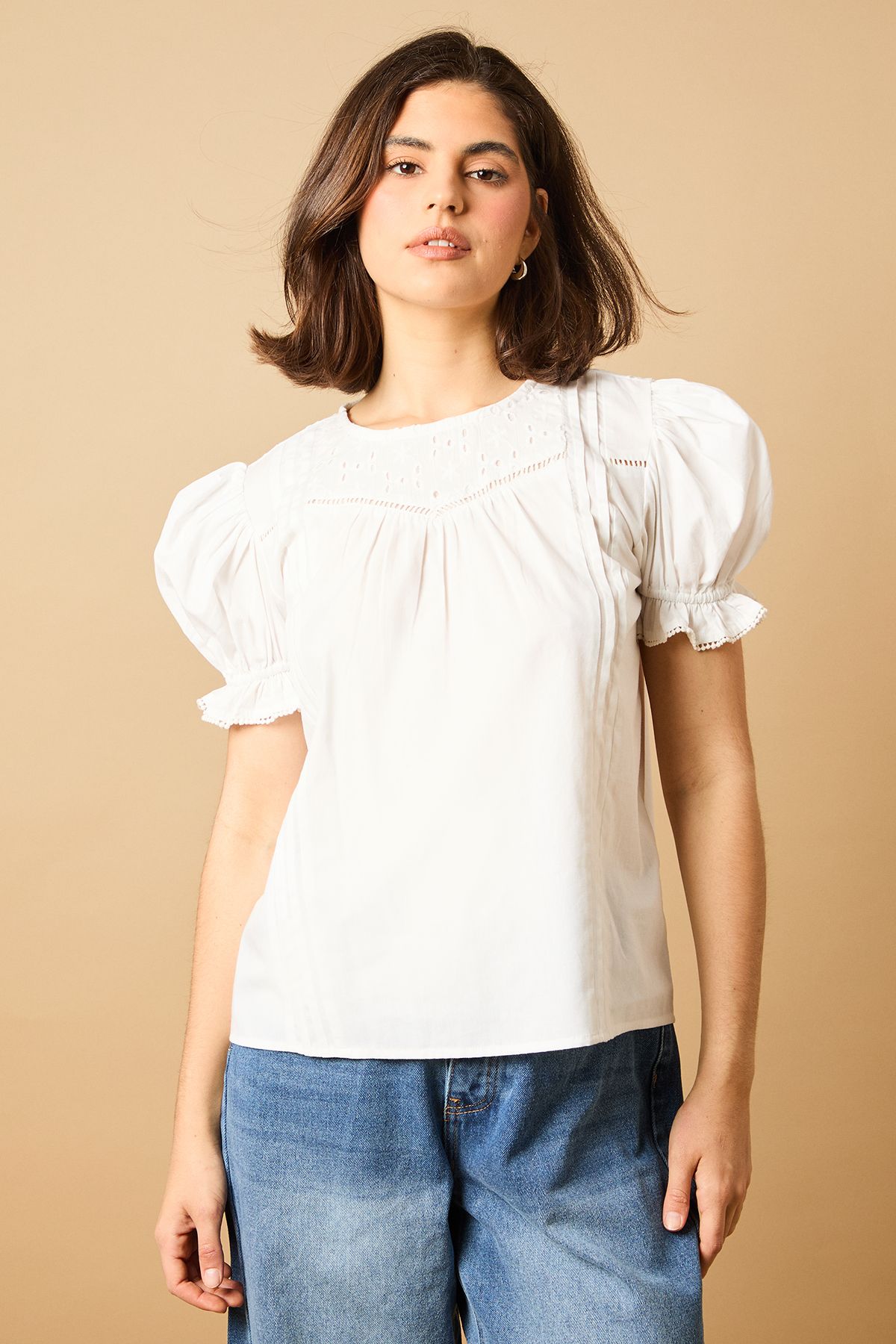 Oasis Broderie Trim Detail Puff Sleeve Blouse White image 2