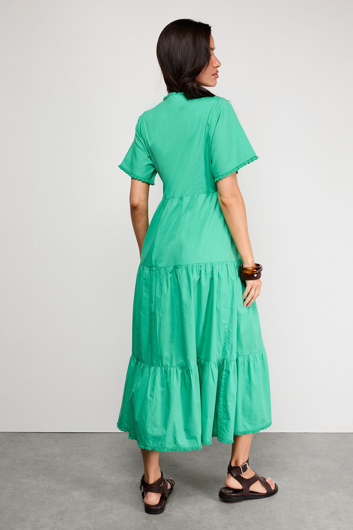 Warehouse Petite Poplin Whipstitch Trim Midi Smock Dress Green image 3
