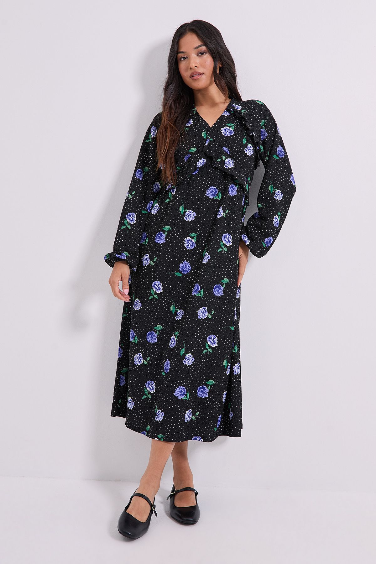 Dorothy Perkins Petite Floral Empire Seam Frill Detail Jersey Midi Dress Blue image 1