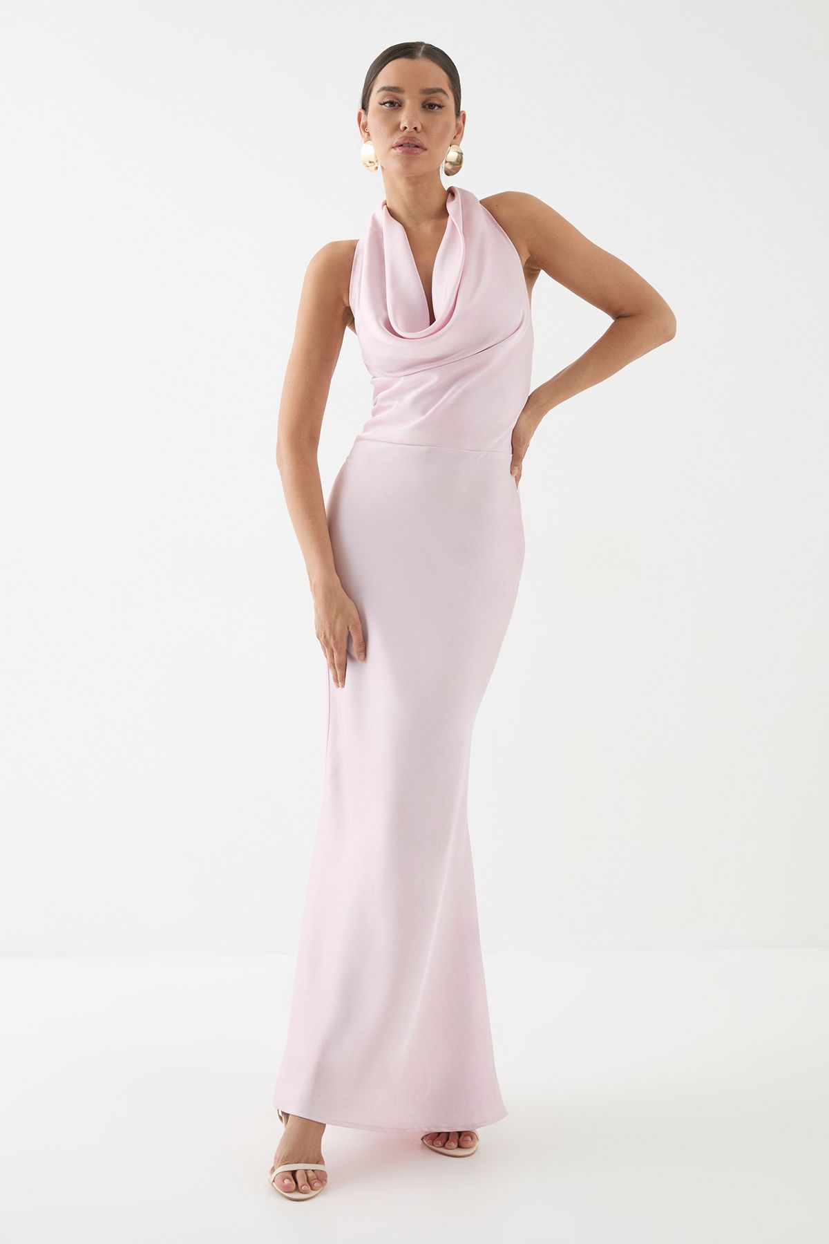 MissPap Satin Cowl Wrap Neck Maxi Dress Pink image 1