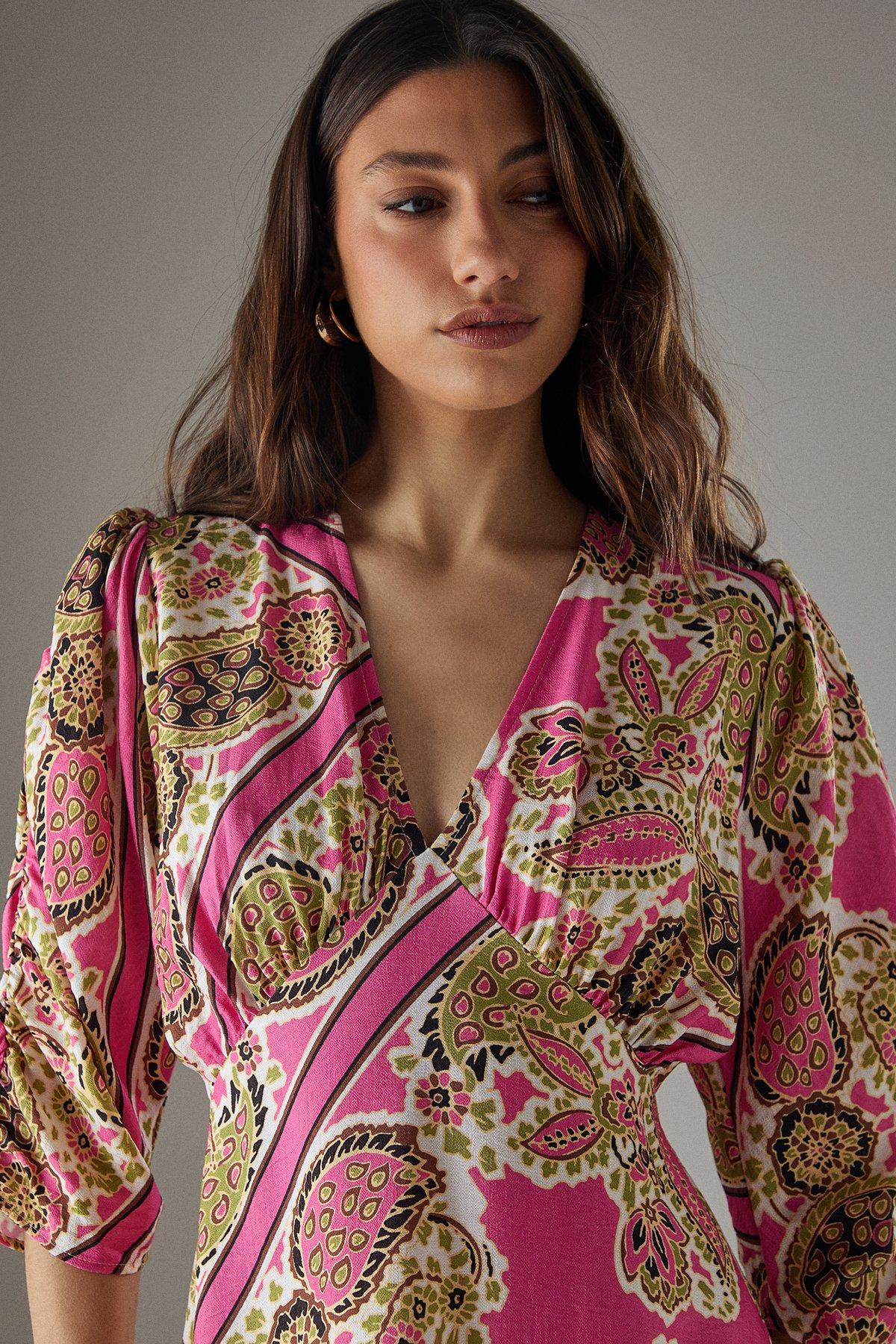 Warehouse Viscose Paisley V Neck Puff Sleeve Midi Dress Multi image 3