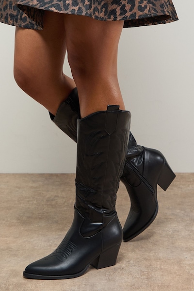 Oasis Tammi Faux Leather Western Knee-High Cowboy Boots Black