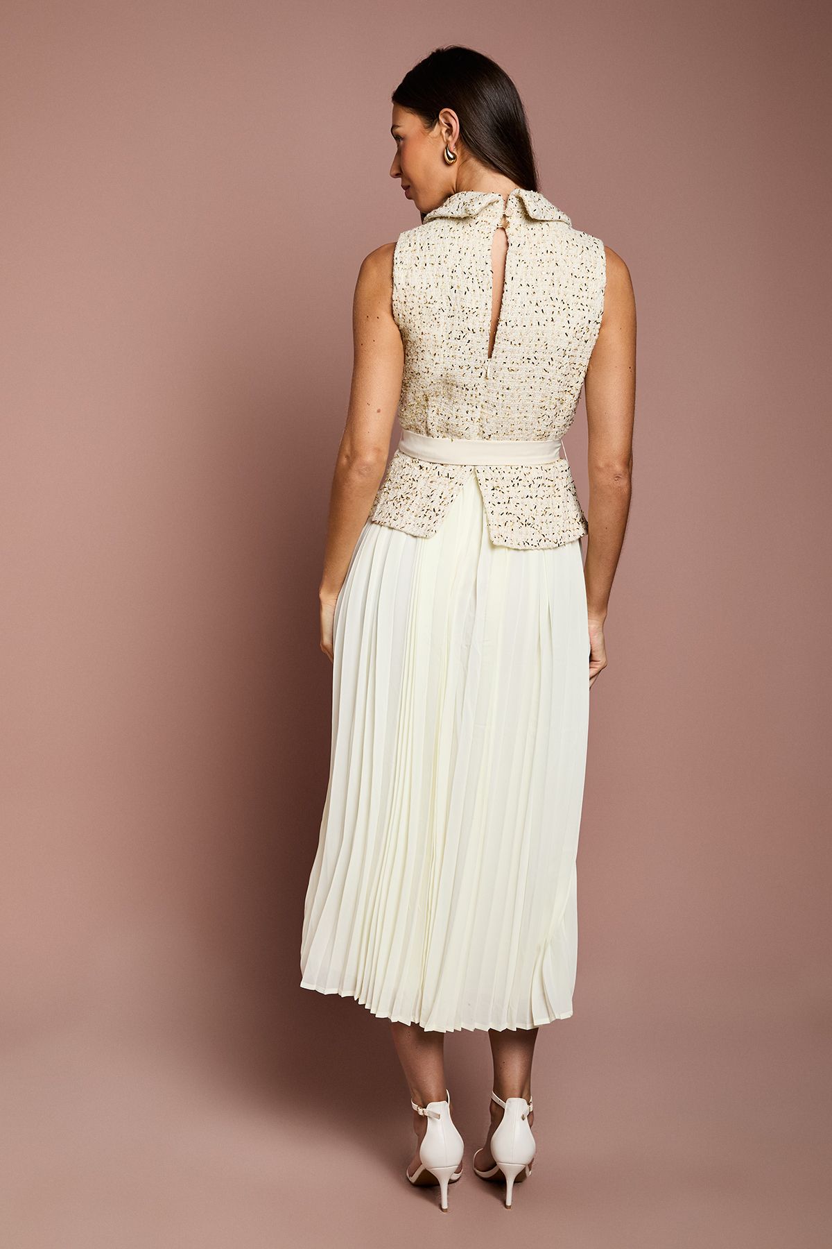 Coast Sleeveless Tweed Mix Fabric Midi Dress With Belt Ivory image 3