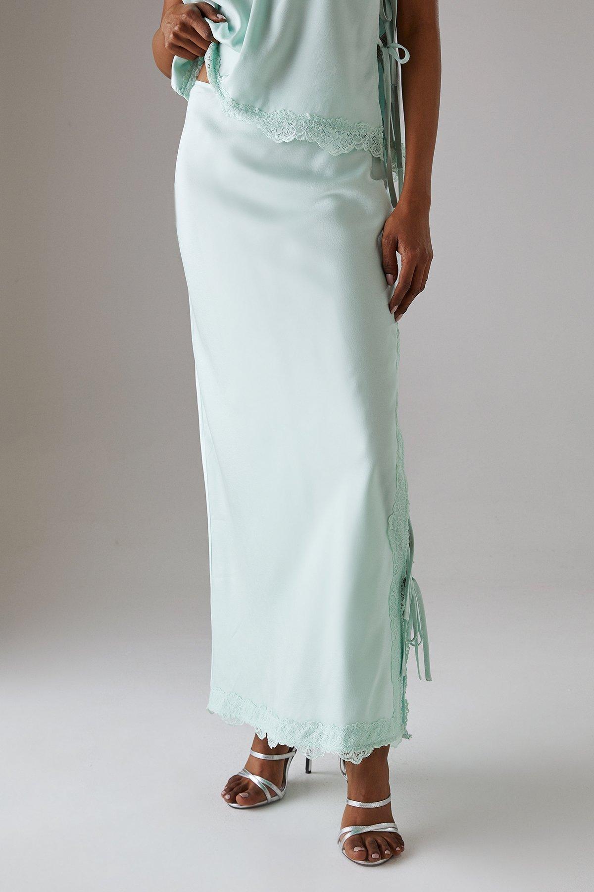Warehouse Satin Lace Bias Midi Skirt Pale Blue image 1