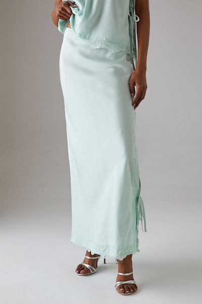 Warehouse Satin Lace Bias Midi Skirt Pale Blue