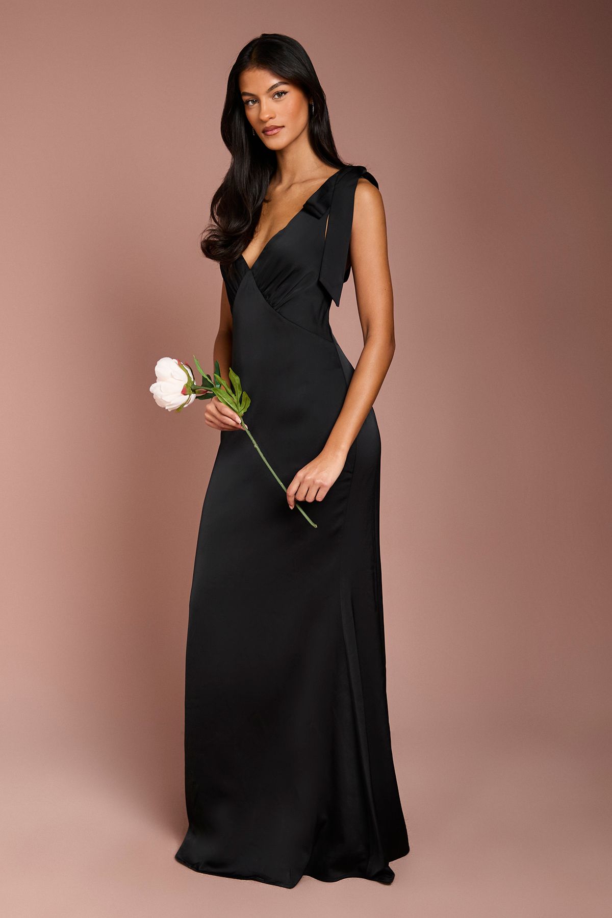 Coast Coast Honoured Petite Satin Back Crepe V Neck Tie Shoulder Maxi Bridesmaid Dress Black