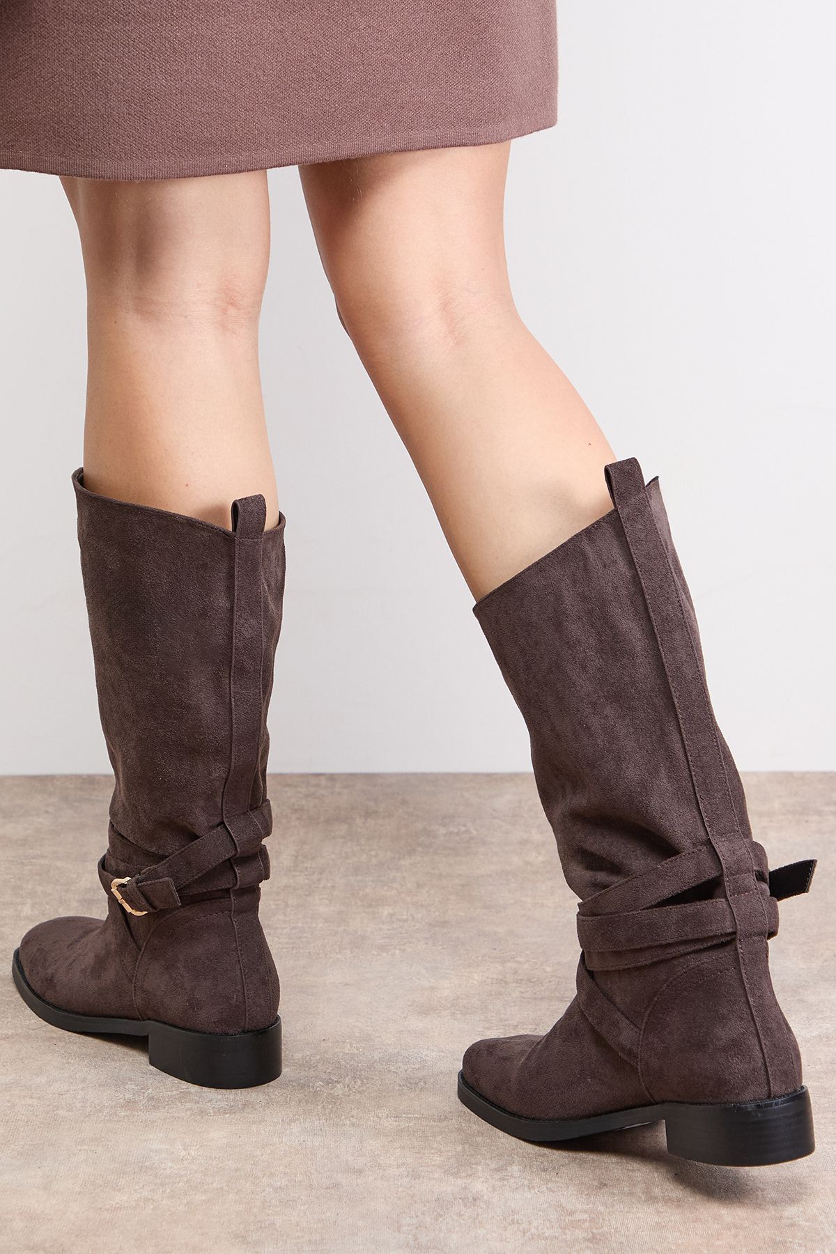Oasis Ava Faux Suede Mid-Calf Buckle Boots Dark Brown image 4