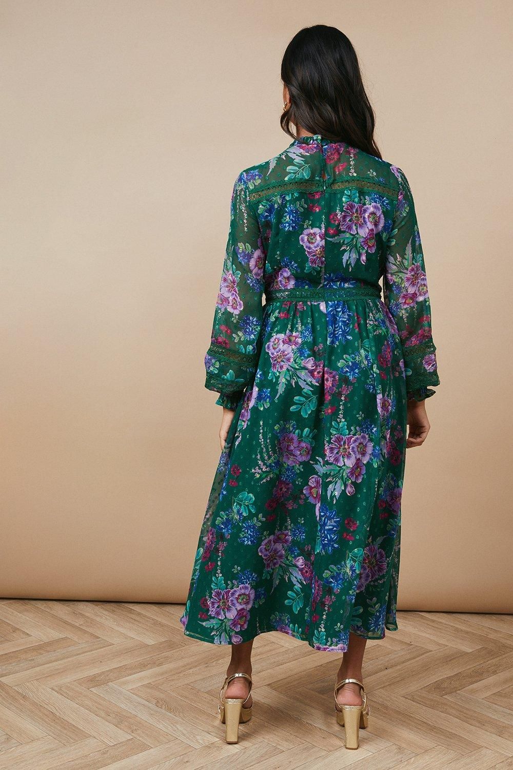 Oasis Occasion Floral Glitter Lace Trim Midi Dress Green image 3