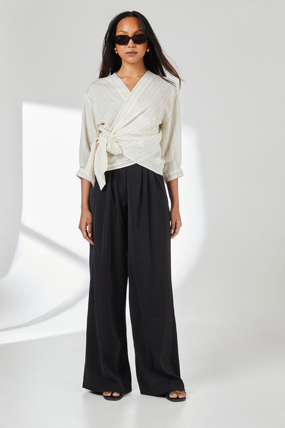 Principles Ivory Striped Linen Blend Wrap Top Ivory image 2