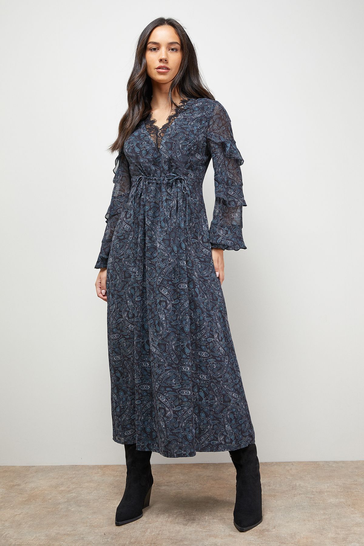 Oasis Printed Lace Detail Frill Sleeve Midi Dress Multi image 1
